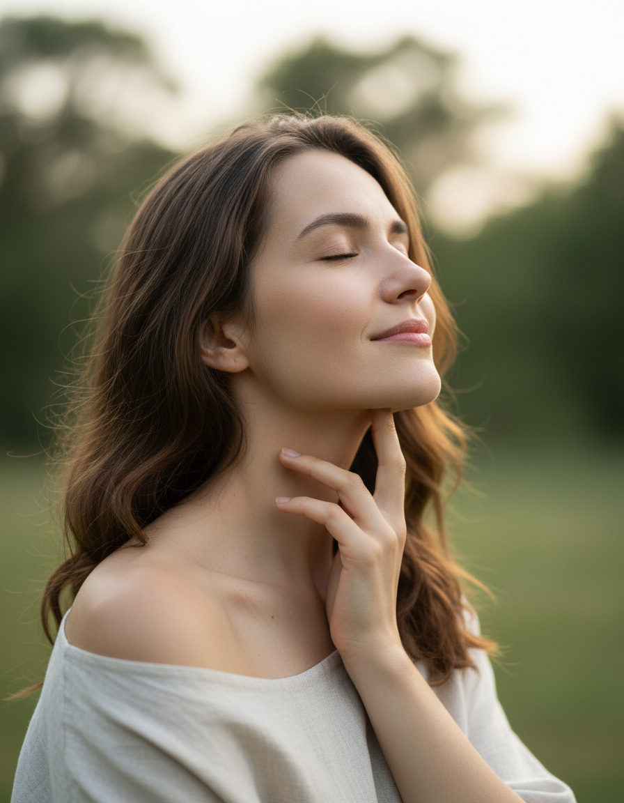 Serene woman gently touching her neck area with a calm expression