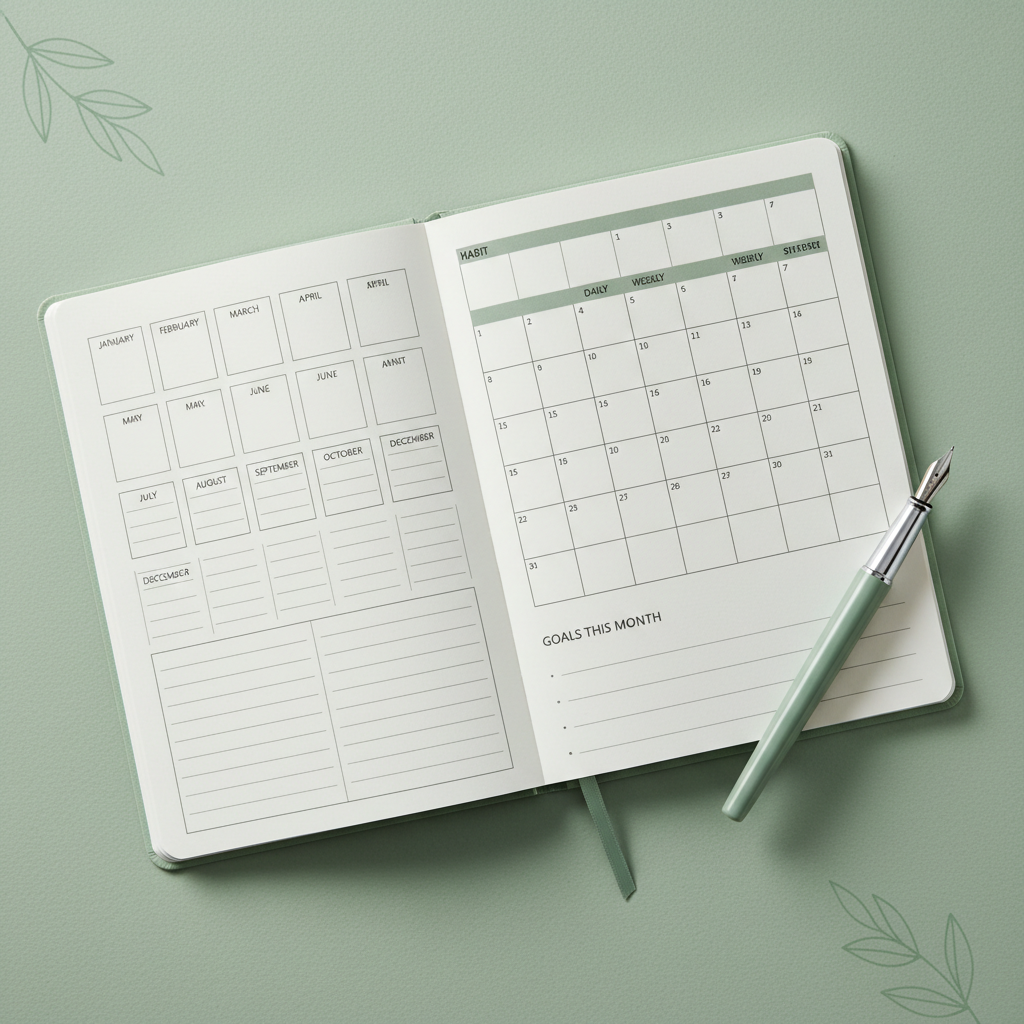 Open journal pages showing a clean tracking layout with a soft sage green background and a pen