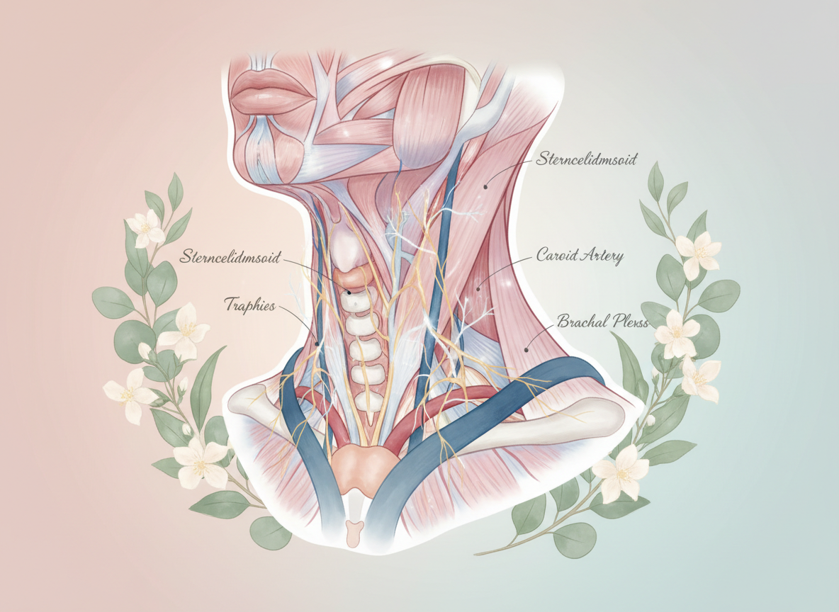 Anatomical illustration style image showing neck area complexity in a soft aesthetic