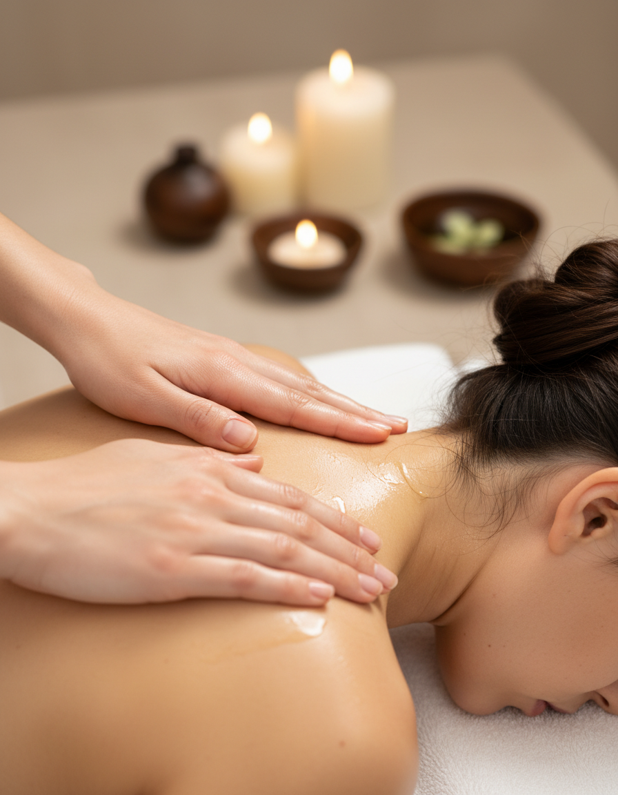 Hands gently massaging neck area with oil